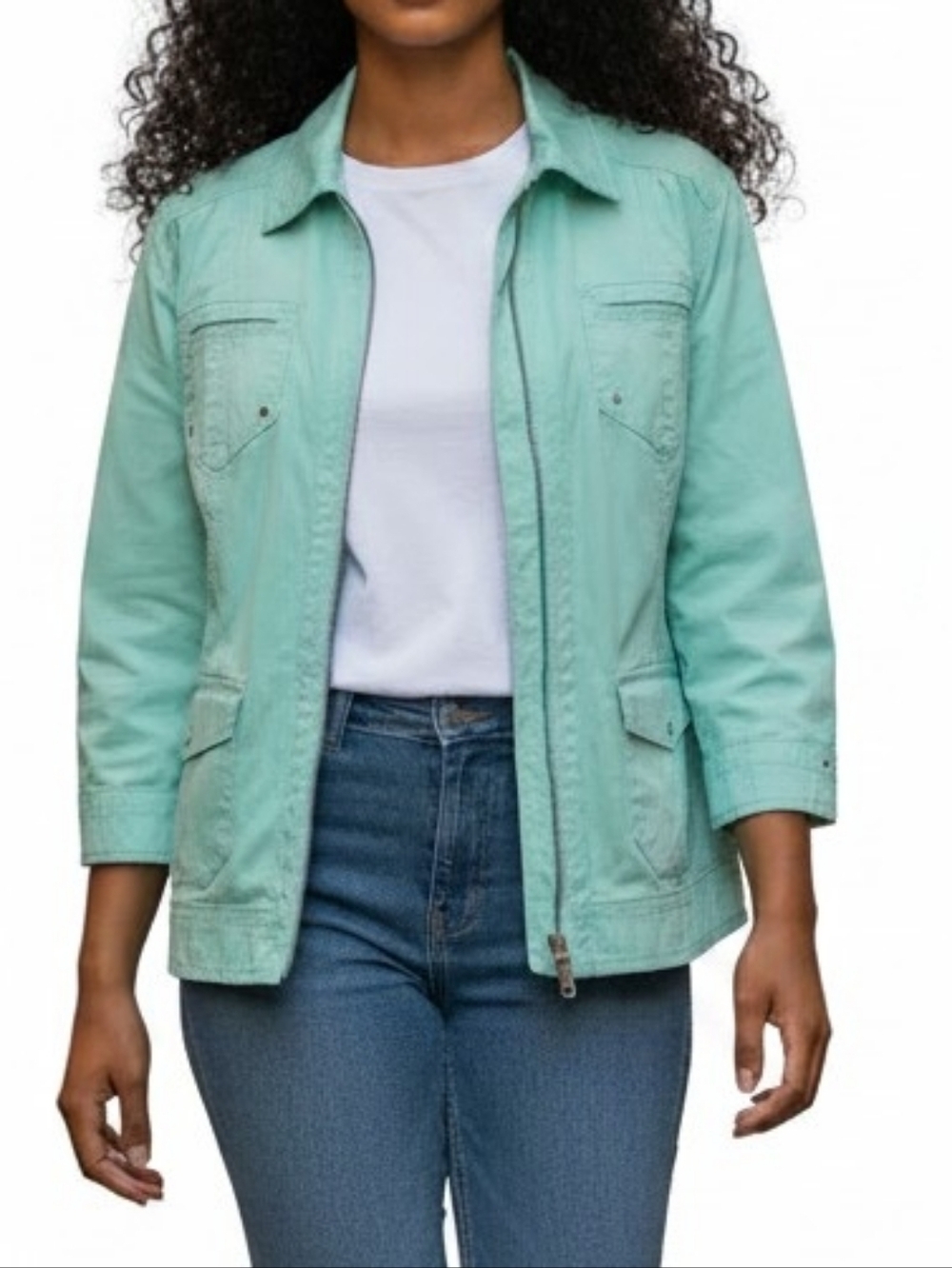 Chicos Lightweight Jacket Size 2 L 12 Light Green 4 Pockets 3/4 Sleeve Full Zip
